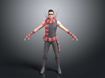 3D Character Model With Gray Sleeveless Top Red Green Striped Scarf Glasses And Spiked Shoulders 3d model