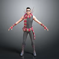 3D Character Model With Gray Sleeveless Top Red Green Striped Scarf Glasses And Spiked Shoulders