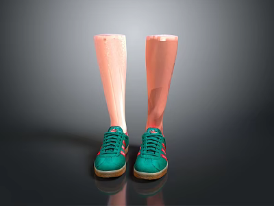 Green Sneakers With Green Laces Red Stripes And Brown Soles On Pink Prosthetic Legs 3d model