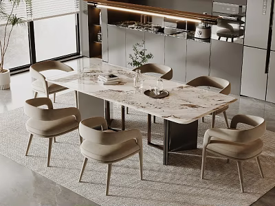 Modern Dining Table Set With Marble Top And Six Beige Chairs In Open Kitchen Space 3d model