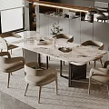 Modern Dining Table Set With Marble Top And Six Beige Chairs In Open Kitchen Space 3d model