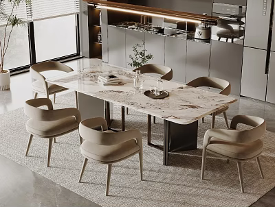 Modern Dining Table Set With Marble Top And Six Beige Chairs In Open Kitchen Space 3d model