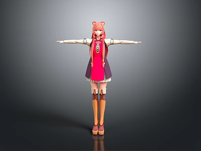 Woman with pink hair wearing red dress and stockings arms outstretched 3d model