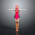 Woman with pink hair wearing red dress and stockings arms outstretched