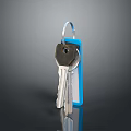 Silver Metallic Keys With Blue Keychain On Dark Reflective Surface 3d model