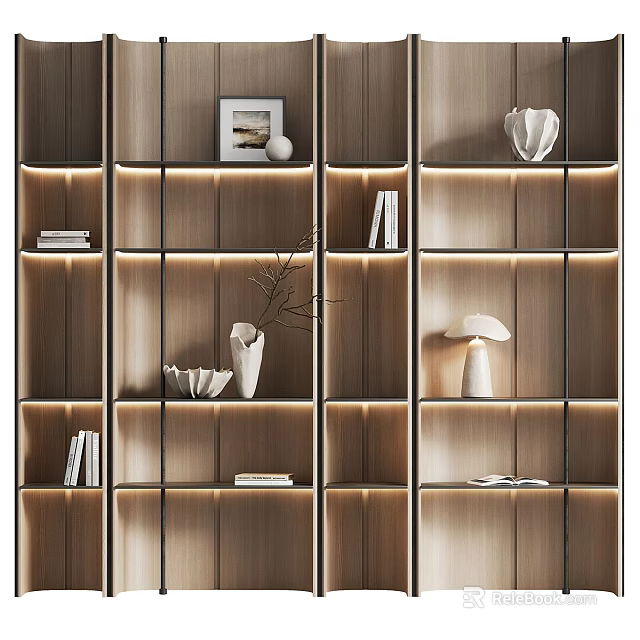 Modern Open Wooden Bookshelf With Layered Lighting Decorative Items And Books 3d model 
