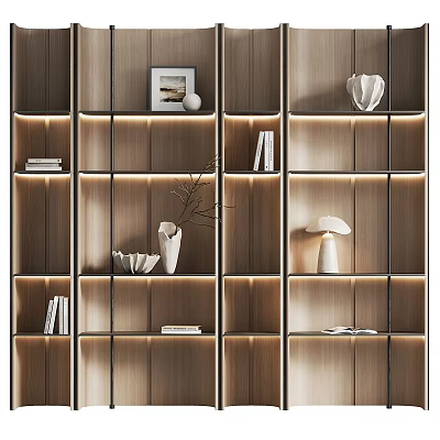 Modern Open Wooden Bookshelf With Layered Lighting Decorative Items And Books 3d model