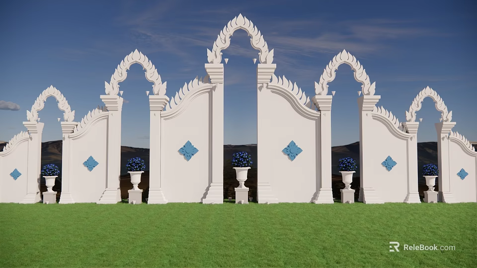 Traditional White Arch City Architecture With Blue Diamond Decor And Flower Pots On Green Lawn 3d model 
