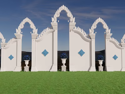 Traditional White Arch City Architecture With Blue Diamond Decor And Flower Pots On Green Lawn 3d model