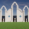 Traditional White Arch City Architecture With Blue Diamond Decor And Flower Pots On Green Lawn