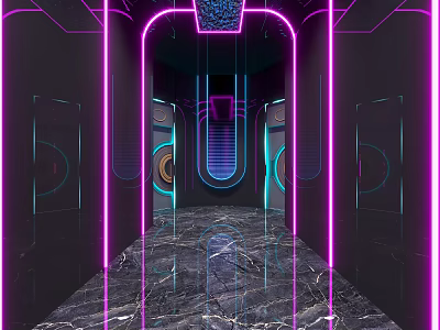 Stylish KTV Interior Design With Neon Lights Marble Floor And Arched Doorway 3d model