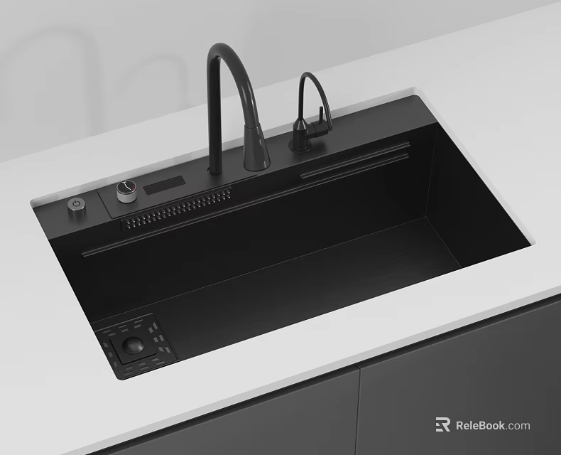 Modern Black Kitchen Sink With Integrated Faucet And Control Panel On White Countertop 3d model 
