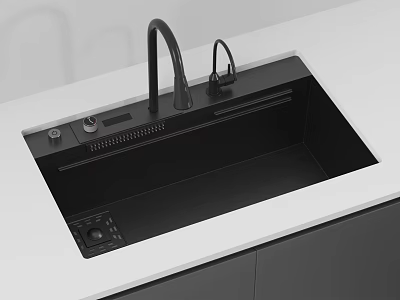 Modern Black Kitchen Sink With Integrated Faucet And Control Panel On White Countertop 3d model