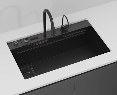 Modern Black Kitchen Sink With Integrated Faucet And Control Panel On White Countertop 3d model