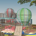 Playground Equipment Featuring Hot Air Balloon Shaped Climbing Frames Slides and Colorful Ground Near Trees