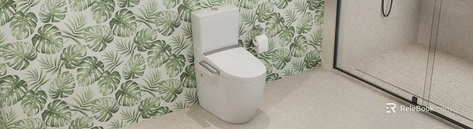 Contemporary Toilet Design With Leaf Pattern Wallpaper And Toilet Paper Holder 3d model 