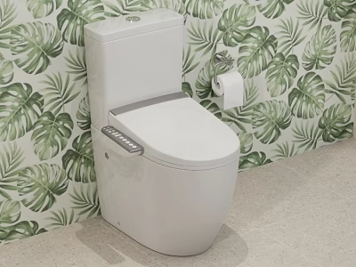 Contemporary Toilet Design With Leaf Pattern Wallpaper And Toilet Paper Holder 3d model