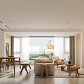 Modern Living and Dining Room Space With Beige Sofa Coffee Table And Decor Shelves