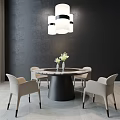 Round Dining Table Set With Black Base Four Beige Chairs And Modern Hanging Light 3d model