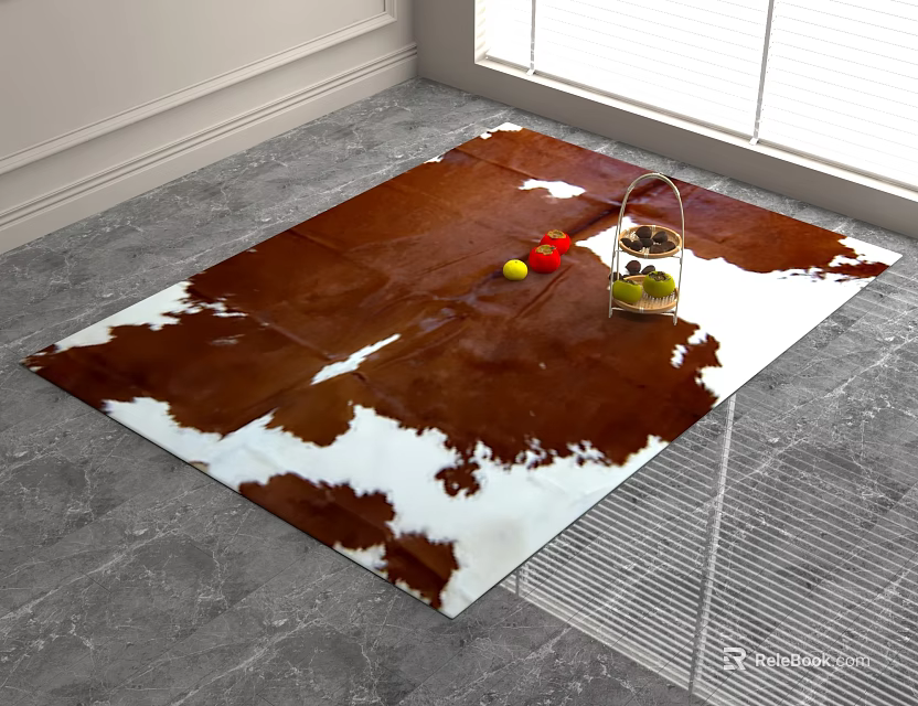 Square Brown And White Cowhide Rug On Gray Marble Floor With Birdcage And Fruits 3d model 