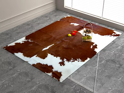 Square Brown And White Cowhide Rug On Gray Marble Floor With Birdcage And Fruits 3d model
