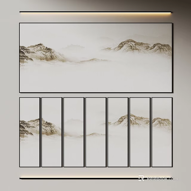 Chinese Ink Style Mountain Landscape Wall Art with Misty Clouds and Six Panel Decor 3d model 