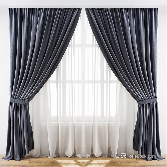 Dark Blue Velvet Curtains With White Sheer And Tied Back Design For Modern Home 3d model 