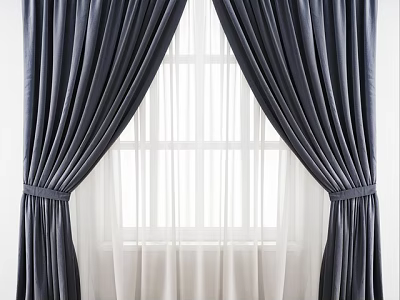 Dark Blue Velvet Curtains With White Sheer And Tied Back Design For Modern Home 3d model