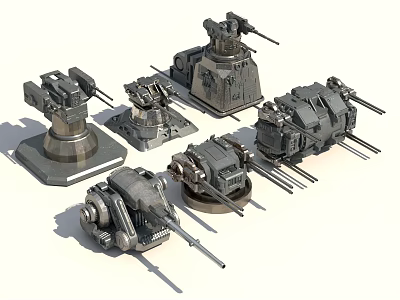 Various Mechanical Turret Models With Metallic Structures And Weapon Systems Design 3d model