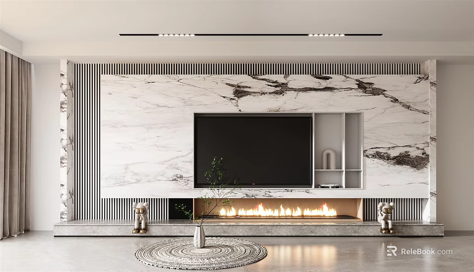 Modern Marble TV Background Wall Interior Design With Fireplace And Decorative Elements 3d model