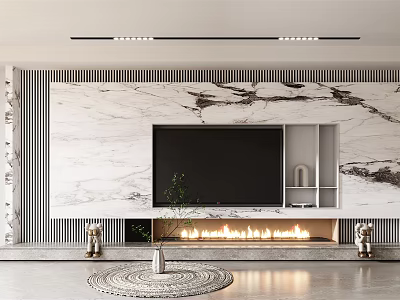 Modern Marble TV Background Wall Interior Design With Fireplace And Decorative Elements 3d model