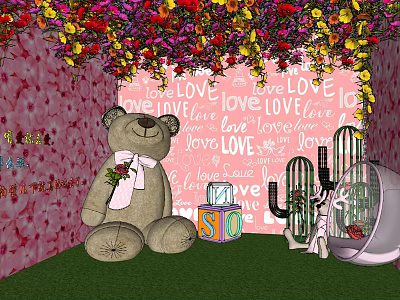 Commercial Display Equipment For Romantic Love Themed Setup With Teddy Bear And Flowers 3d model