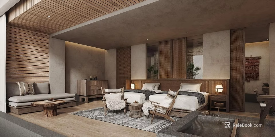 Cozy Natural Hotel Room With Wooden Accents Comfortable Bed Armchairs And Area Rug 3d model 