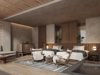 Cozy Natural Hotel Room With Wooden Accents Comfortable Bed Armchairs And Area Rug 3d model