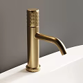 Modern Washbasin Design With White Basin Golden Stand And Round Mirror