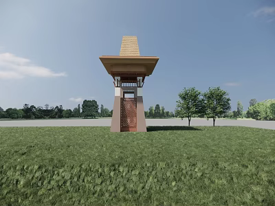 Traditional Landscape Pavilion With Brown Roof In Green Grassland Surrounded By Trees 3d model