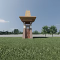 Traditional Landscape Pavilion With Brown Roof In Green Grassland Surrounded By Trees