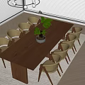 Long Wooden Dining Table With Beige Armchairs And Black Planter Green Fern In Bright Room