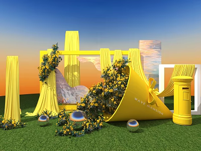 Photo Check-in Spot Featuring Yellow Curtains Flowers Green Grass Blue Orange Sky Frame Spheres Mailbox 3d model