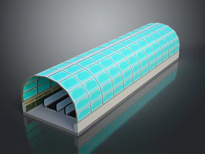 Light Blue Grid Glass Arched Architectural Structure with Translucent Panels Covering Internal Passageway 3d model