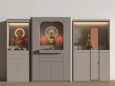 Modern Buddhist Shrines With Golden Buddha Statues Red Candles And Gray Cabinets 3d model