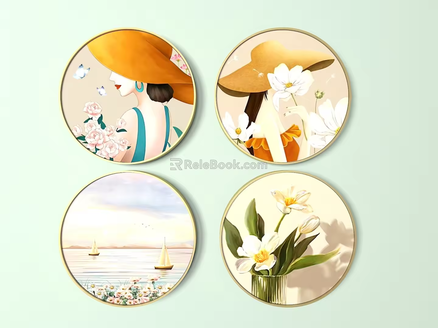 Modern round frame painting decorative painting 3d model