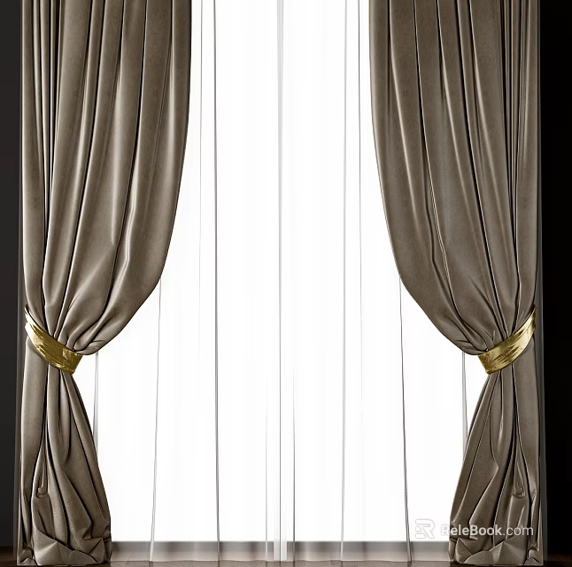 Modern Elegant Gray Curtains With Gold Tiebacks And White Sheer Panels 3d model 
