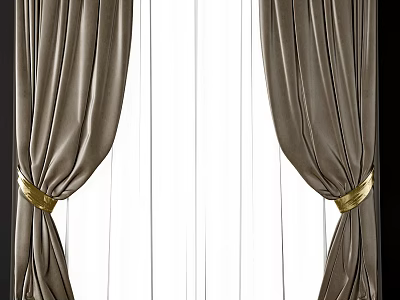 Modern Elegant Gray Curtains With Gold Tiebacks And White Sheer Panels 3d model