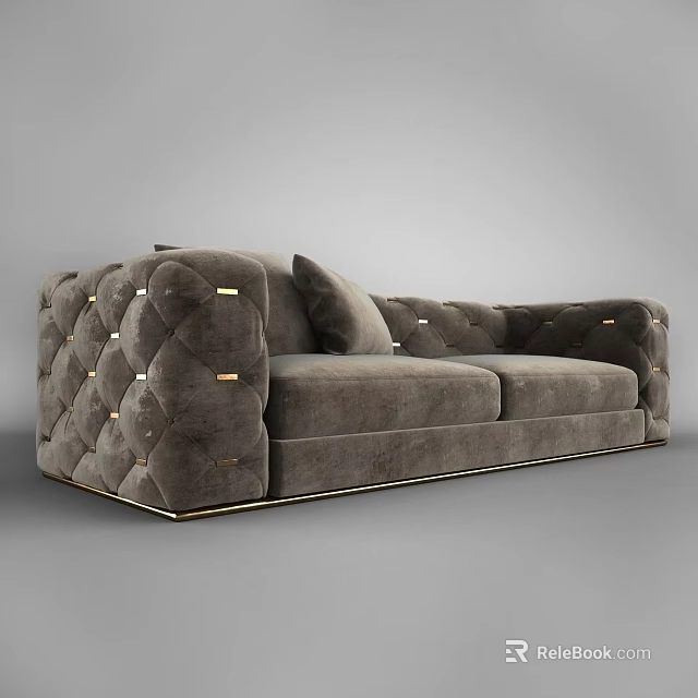 Gray Two Seater Sofa With Diamond Tufted Design And Gold Nailhead Accents 3d model 