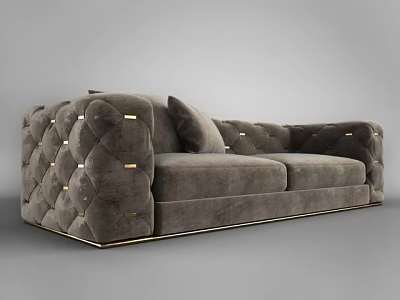 Gray Two Seater Sofa With Diamond Tufted Design And Gold Nailhead Accents 3d model