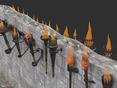 Medieval burning wall lamp set flame low polygon decoration 3d model