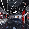 FPX Exhibition Hall With Modern Red And Black Design Display Cabinets Screens And Character Posters