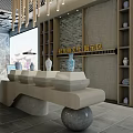Cultural Center Interior Design With Exhibits Wall Displays Circular Platform And Pendant Lights