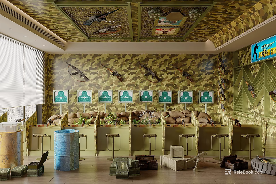 Weapons Display with Camouflage Background Ceiling Green Signs Tables Stools Ammunition Boxes 3d model 